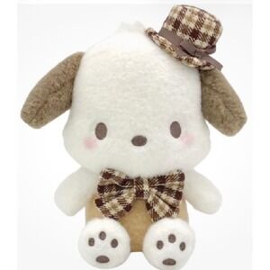 Sanrio Pochacco Plush Kids Small White Tan Excellent Plaid Bow Sherpa Puppy